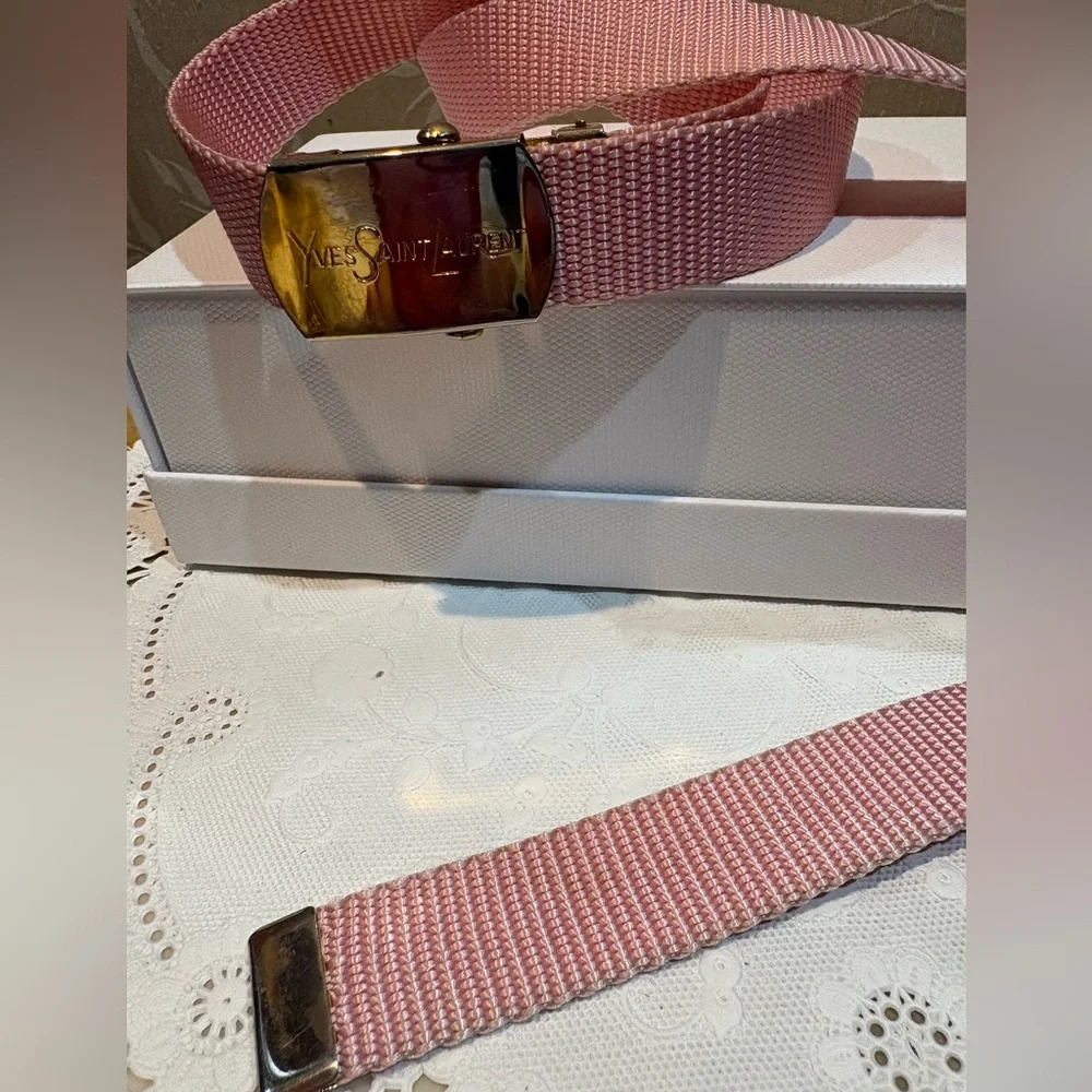Yves Saint Laurent Vintage Gold Belt Buckle with Pink Woven Strap